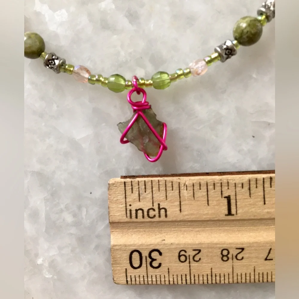 Natural Moldavite Necklace with Unakite Stones, Czech Crystals & Wire Wrapped π - Picture 11 of 15